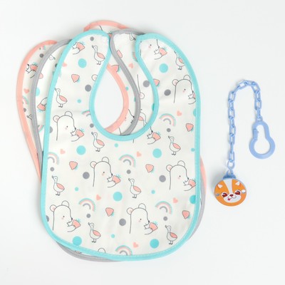 Набор детских слюнявчиков Крошка Я, 3 шт. + подарок, 29×20 см, цвет бирюзовый, розовый, серый