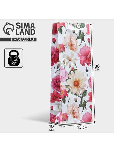 Пакет подарочный под бутылку, упаковка, «Цветы», 36 х 13 х 10 см
