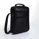 Сумка мужская, на молнии, через плечо, с длинным ремнём, прессованная кожа, 3 наружных кармана, чёрная - Фото 4