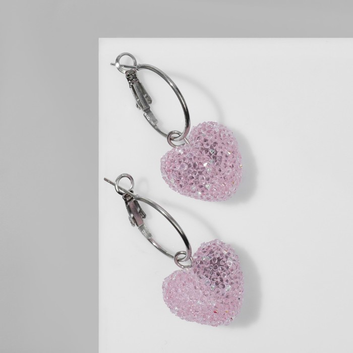 Серьги-кольца «Сахар» сердце, цвет розовый в серебре - Фото 1