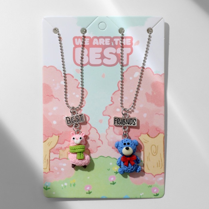 Кулоны «Неразлучники» медведь и лама, цвет сине-розовый в серебре, 40 см - Фото 1
