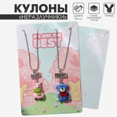 Кулоны парные «Медведь и лама», 40 см, цвет синий/розовый в серебре