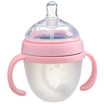 Бутылочка для кормления M&B, широкое горло Ø70 мм, от 3 мес, 150 мл., с ручками, силиконовая колба, розовый