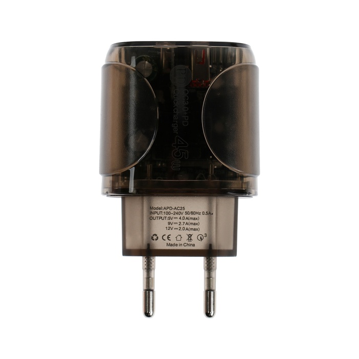 Сетевое зарядное устройство OR-000, 3 А, USB, Type-C, прозрачное, черное