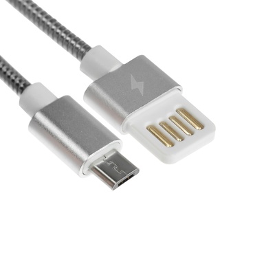 Кабель MicroUSB - USB, 2.1 А, металлическая оплётка, 1 м, серебристый