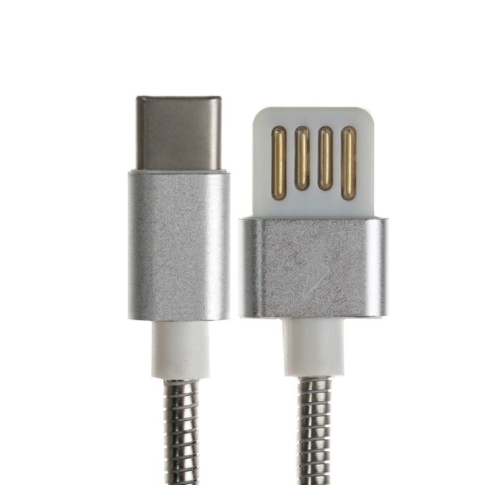 Кабель Type-C - USB, 2.1 А, металлическая оплётка, 1 метр, серебристый
