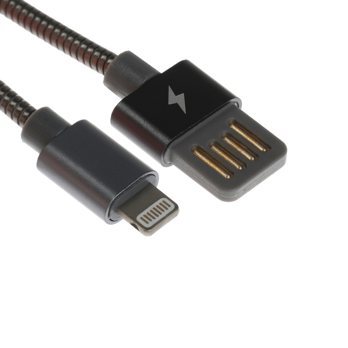 Кабель Lightning - USB, 2.1 А, металлическая оплётка, 1 метр, чёрный