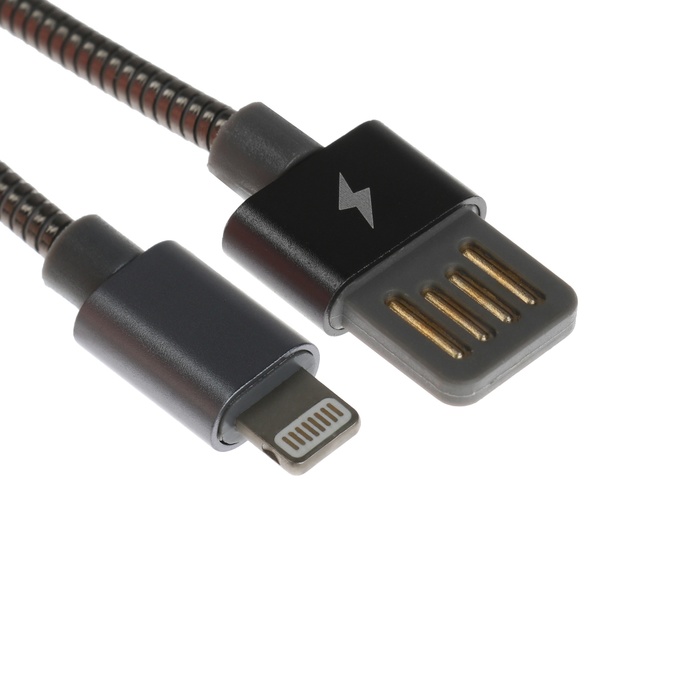 Кабель Lightning - USB, 2.1 А, металлическая оплётка, 1 метр, чёрный - Фото 1