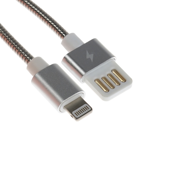 Кабель Lightning - USB, 2.1 А, металлическая оплётка, 1 метр, серебристый - Фото 1