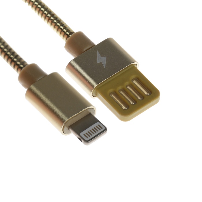 Кабель Lightning - USB, 2.1 А, металлическая оплётка, 1 метр, золотистый - Фото 1