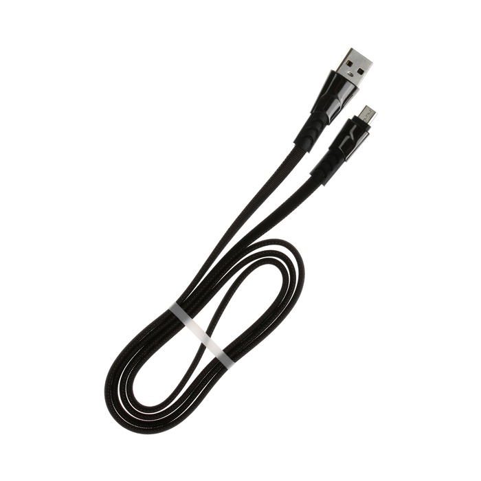 Кабель MicroUSB - USB, 2.4 А, оплётка ткань, плоский, 1 метр, чёрный