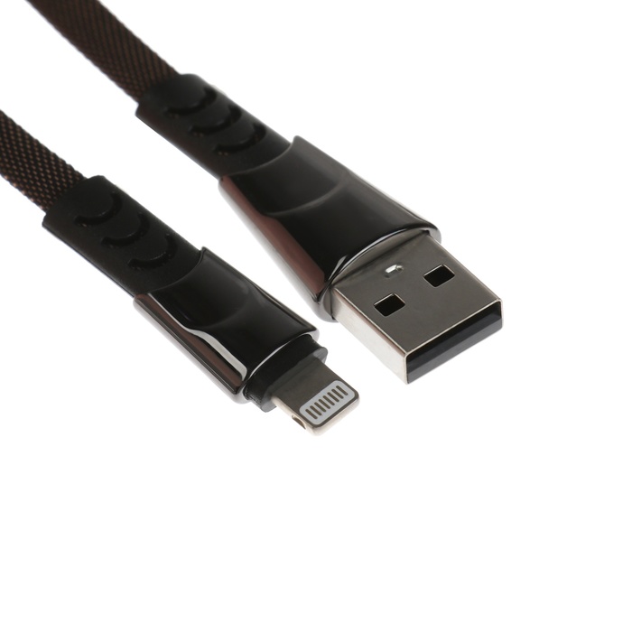 Кабель Lightning - USB, 2.4 А, оплётка ткань, плоский, 1 метр, чёрный - Фото 1
