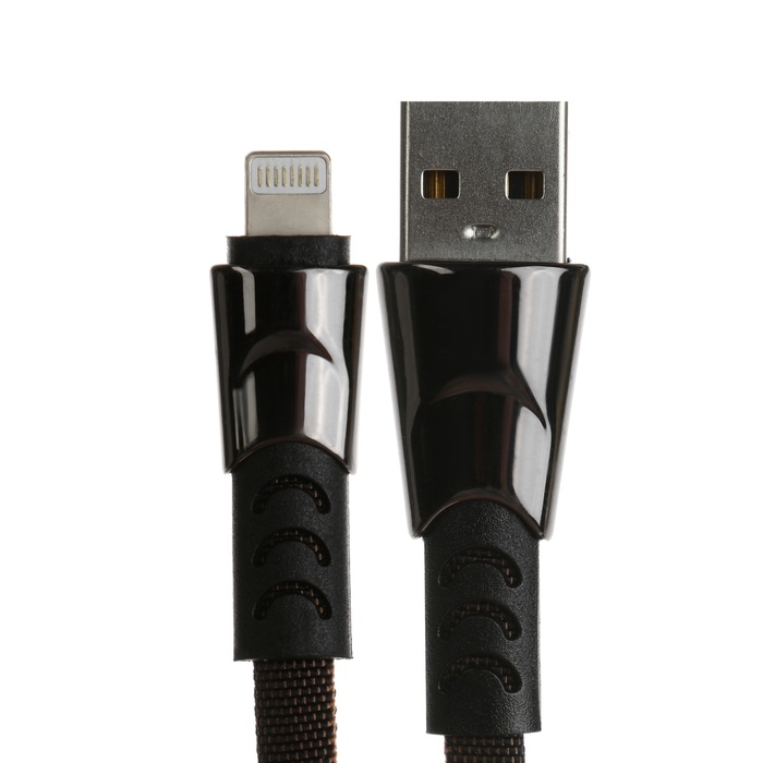 Кабель Lightning - USB, 2.4 А, оплётка ткань, плоский, 1 метр, чёрный