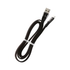 Кабель Lightning - USB, 2.4 А, оплётка ткань, плоский, 1 метр, чёрный - Фото 3