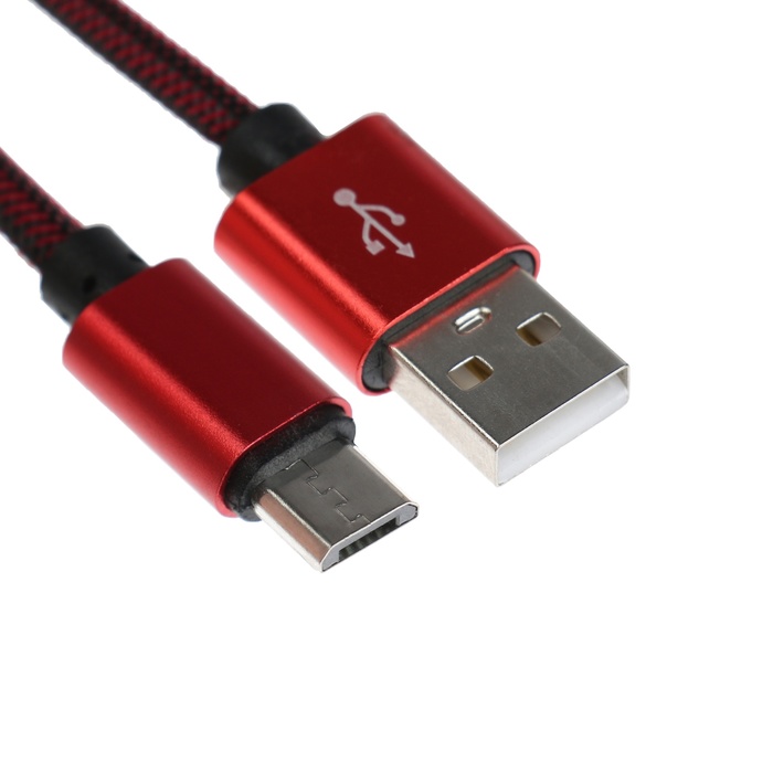 Кабель MicroUSB - USB, 2.1 А, оплётка нейлон, 1 метр, красный - Фото 1