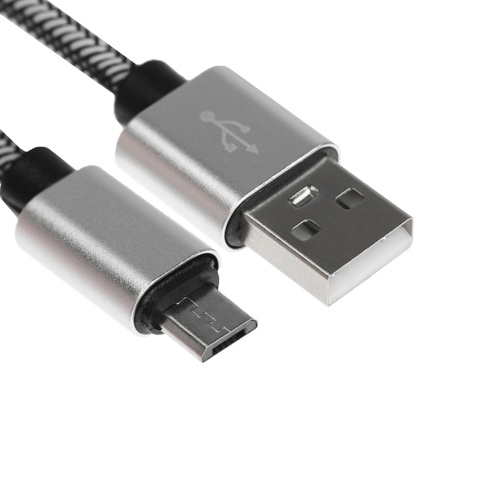 Кабель MicroUSB - USB, 2.1 А, оплётка нейлон, 1 метр, серебристый - Фото 1