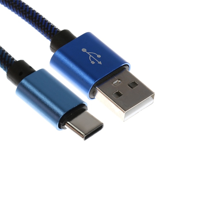 Кабель Type- C - USB, 2.1 А, оплётка нейлон, 1 метр, синий - Фото 1