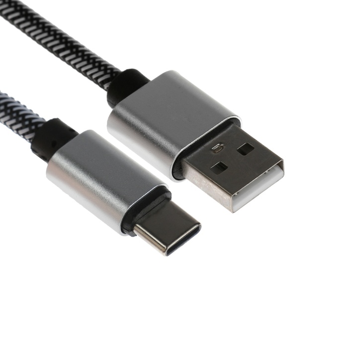 Кабель Type- C - USB, 2.1 А, оплётка нейлон, 1 метр, серебристый - Фото 1