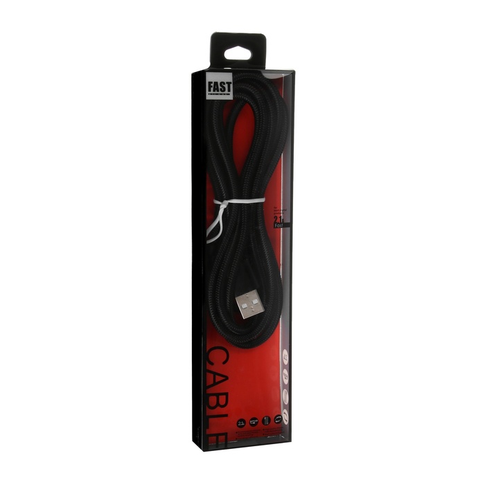 Кабель MicroUSB - USB, 2.1 А, оплётка нейлон, 2 метра, чёрный
