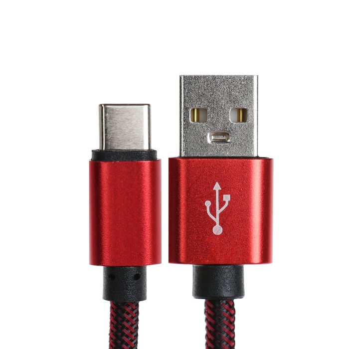 Кабель Type- C - USB, 2.1 А, оплётка нейлон, 2 метра, красный