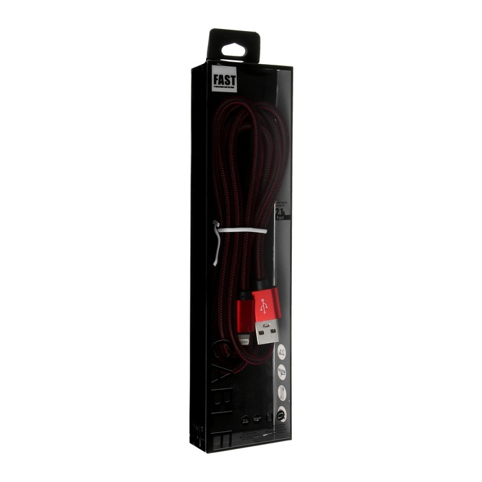 Кабель Lightning - USB, 2.1 А, оплётка нейлон, 2 метра, красный