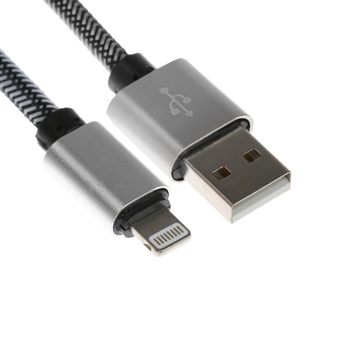 Кабель Lightning - USB, 2.1 А, оплётка нейлон, 2 метра, серебристый - Фото 1