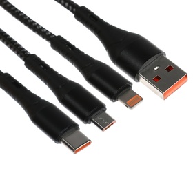 Кабель 3 в 1, MicroUSB/Type-C/Lightning - USB, 3 А, 1.25 метра, чёрный