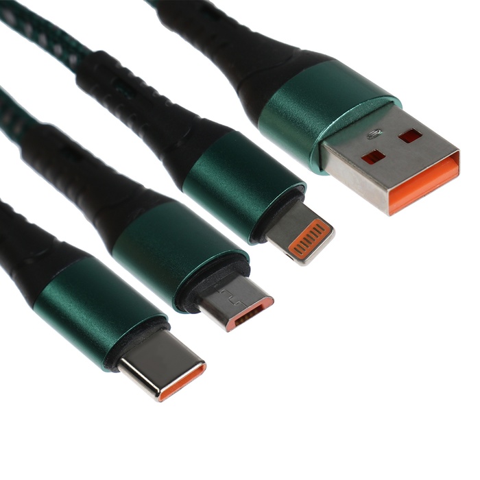 Кабель 3 в 1, MicroUSB/Type-C/Lightning - USB, 3 А, 1.25 метра,зелёный - Фото 1