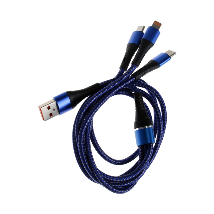 Кабель 3 в 1, MicroUSB/Type-C/Lightning - USB, 3 А, 1.25 метра, синий