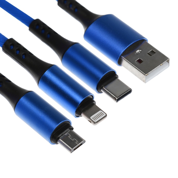 Кабель брелок 3 в 1, MicroUSB/Type-C/Lightning - USB, 2.4 А, синий - Фото 1