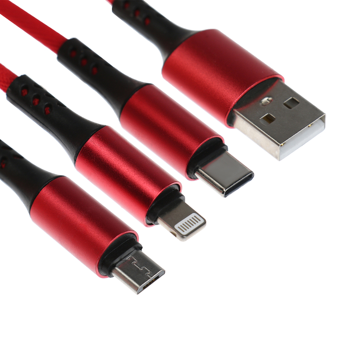 Кабель брелок 3 в 1, MicroUSB/Type-C/Lightning - USB, 2.4 А, красный - Фото 1
