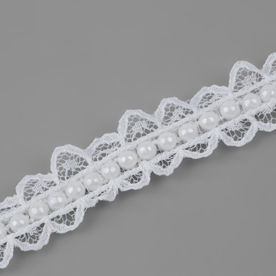 Рюш кружевной, с бусинами, 17 мм, 4.5±0.5 м, белый