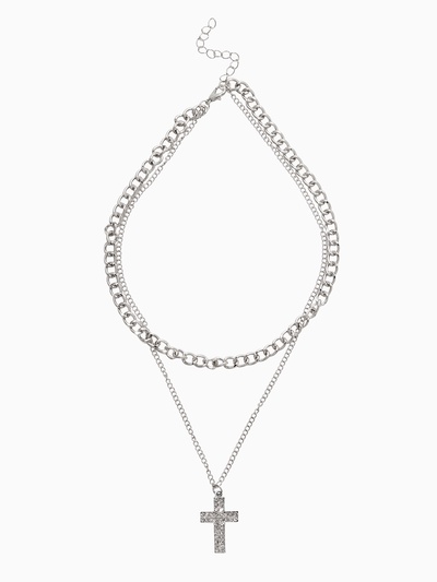 Кулон «Цепь», крест плоский, белый в серебре, 40 см