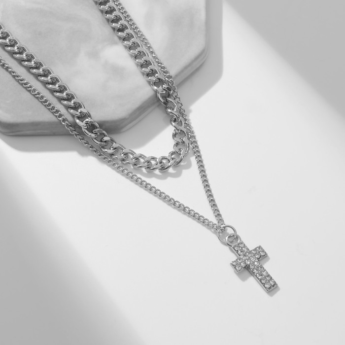 Кулон «Цепь» крест плоский, цвет белый в серебре, 40 см - Фото 1