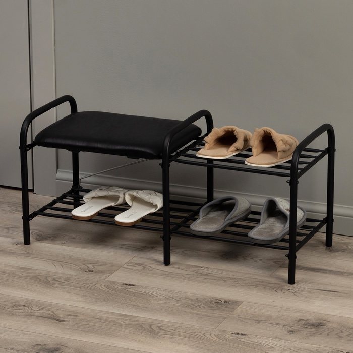 Этажерка для обуви с сиденьем «Люкс», 79×33×36 см, 2 полки, чёрная - Фото 1