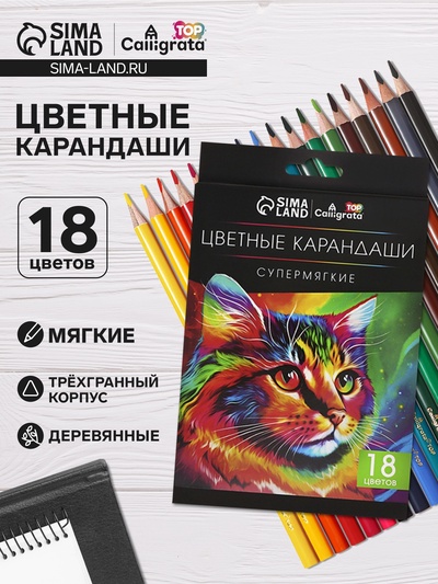 Карандаши Calligrata, цветные, 18 цветов, супермягкие, диаметр грифеля - 3 мм, 5B