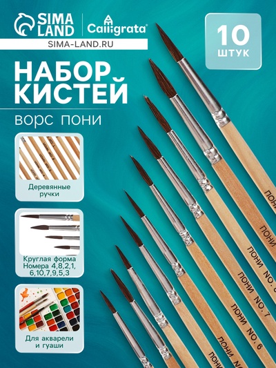 Кисти для рисования, пони, 10 штук: № 1, 2, 3, 4, 5, 6, 7, 8, 9, 10, круглые, деревянная ручка, международный размер