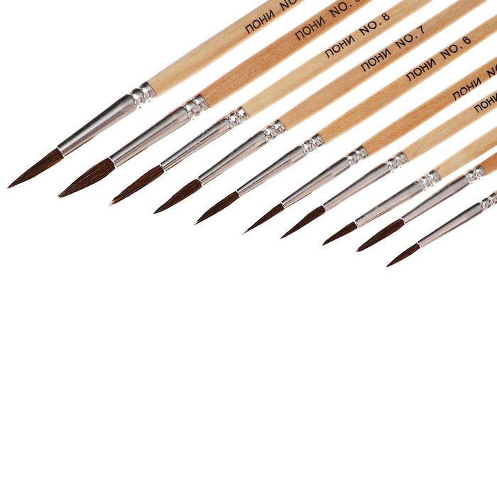 Набор кистей пони круглые 10 штук (№1,2,3,4,5,6,7,8,9,10) с деревян ручками на блистере