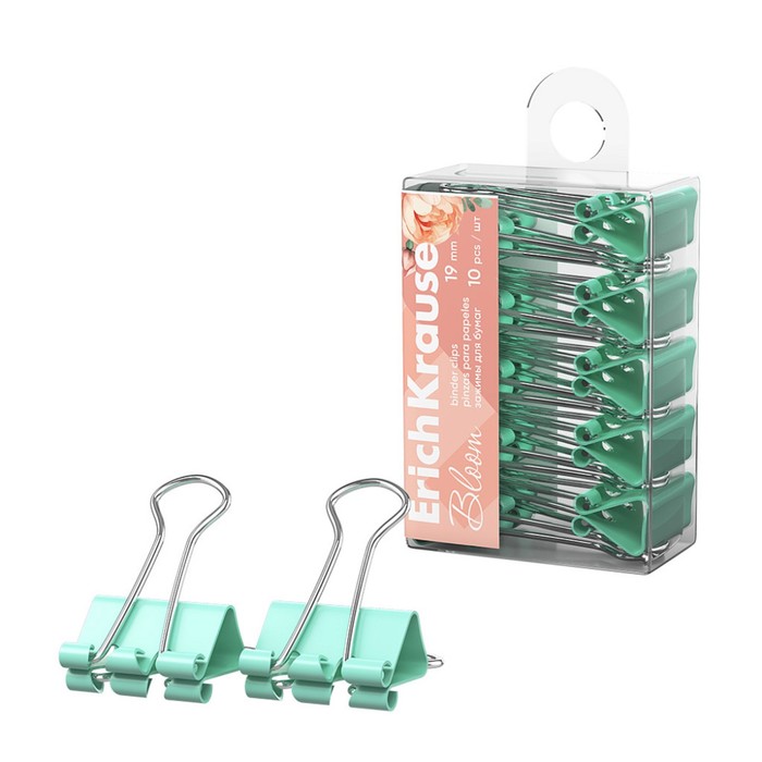 

Набор зажимов для бумаг ErichKrause "Pastel Bloom", 19 мм, 10 штук, мятные, в пэт-боксе