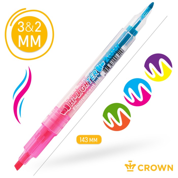 Набор маркеров-текстовыделителей 6 цветов, 2/3 мм, Crown "Multi Hi-Lighter Twin", 3 штуки, двухсторонние, блистер - Фото 1