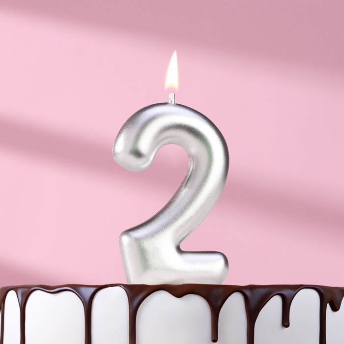 Свеча в торт "Европейская", цифра "2", 6 см, серебро