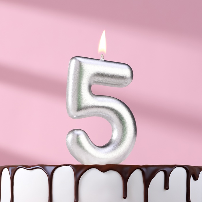 Свеча в торт "Европейская", цифра "5", 6 см, серебро