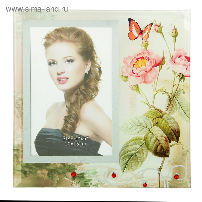 Фоторамка стекло "Садовые цветы" зеркальная, со стразами, 10х15 см - Фото 1