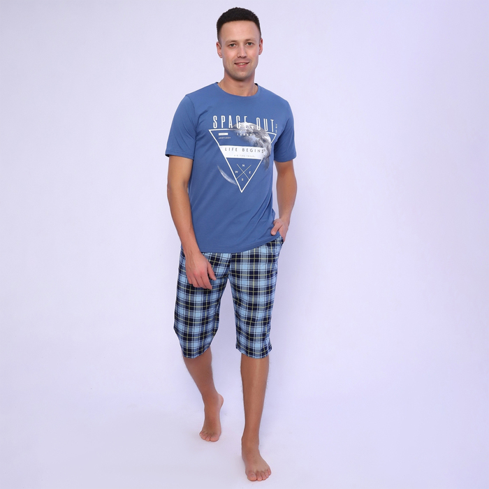 Пижама мужская (футболка/шорты), цвет серо-голубой, размер 48 - Фото 1
