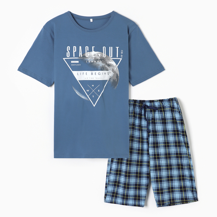 Пижама мужская (футболка/шорты), цвет серо-голубой, размер 50 - Фото 1