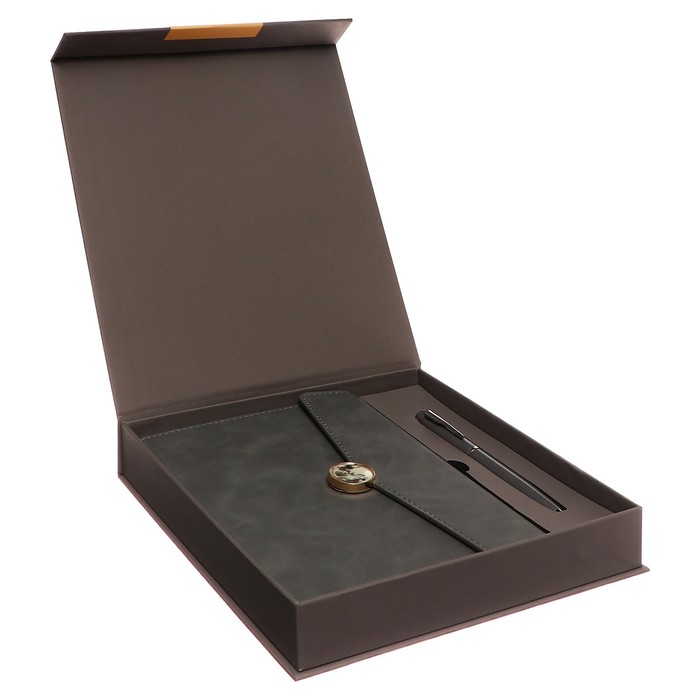 Органайзер на кольцах А6+, 80 листов, кожзам, c клапаном, линия, с ручкой, в подарочной коробке, серый - Фото 1