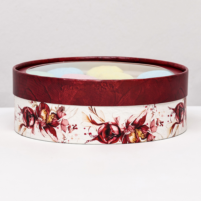 Коробка для макарун тубус с окном "Цветы", бело-бордовый 20 х 6 см - Фото 1