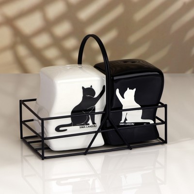 Набор керамический для специй на металлической подставке «Коты», 2 шт, цвет белый-чёрный