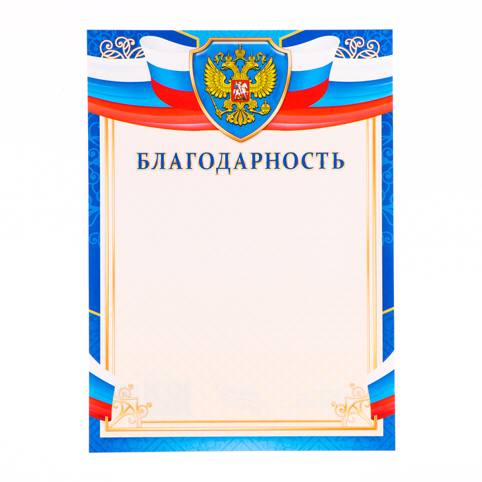 Благодарность "Символика РФ" синяя рамка, бумага, А4 - фото 1908129087