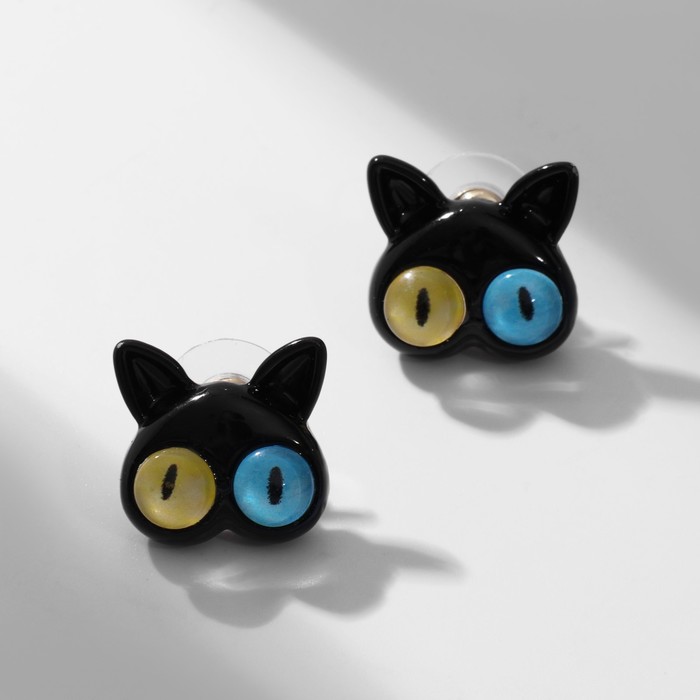Серьги с эмалью «Монстрики» кот, цвет чёрный - Фото 1